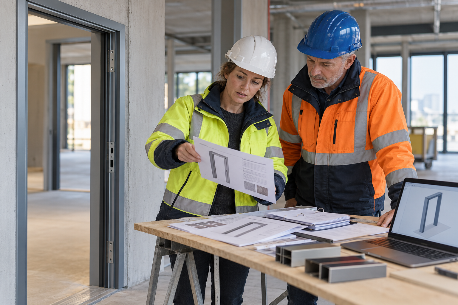 Illustratie bij activiteit 7: twee vakmensen vergelijken product- en materiaalgegevens met het geplaatste metalen kozijn.