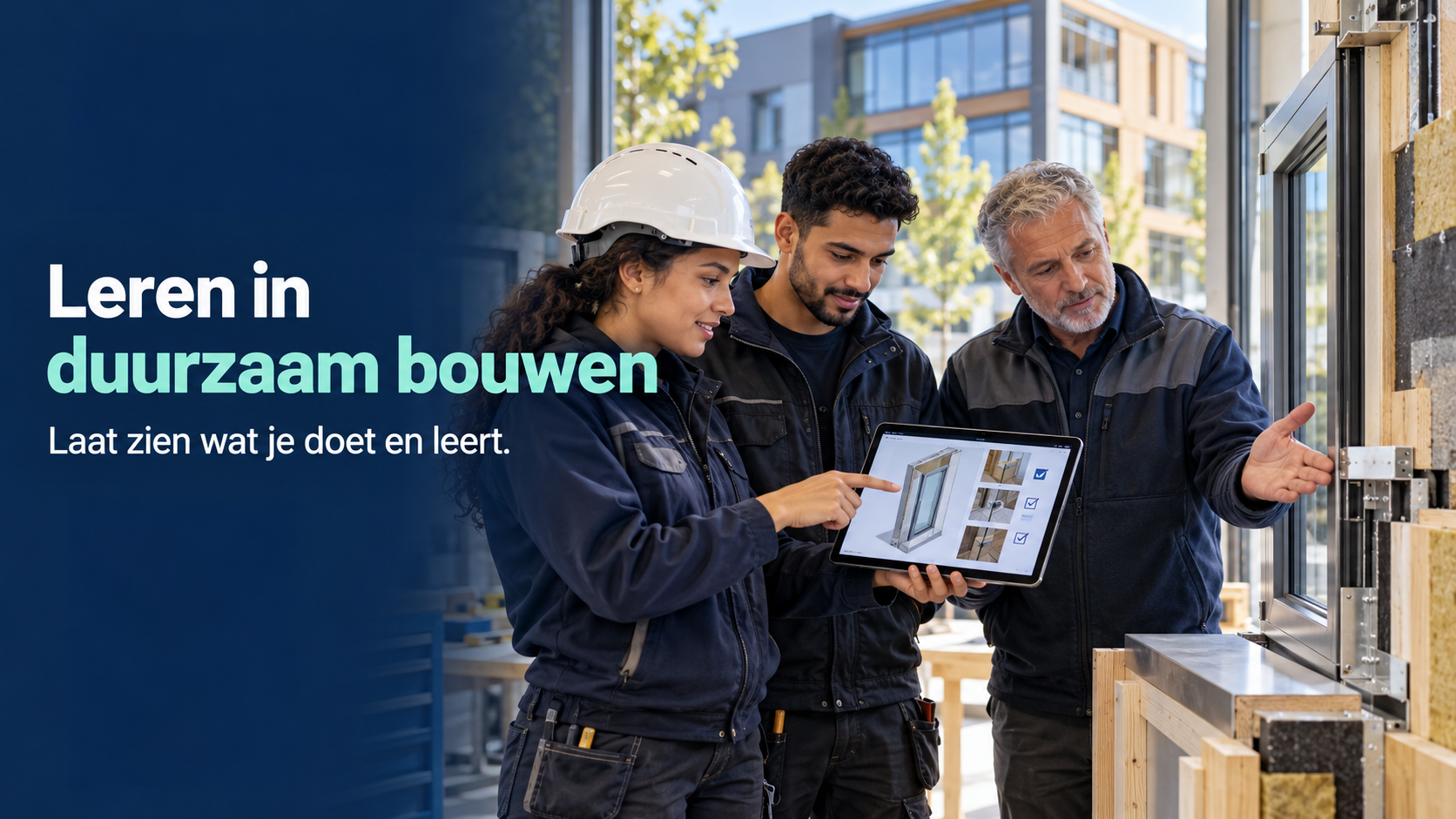 Leren in duurzaam bouwen: drie vakmensen bespreken een kozijn en bouwinformatie op een tablet.