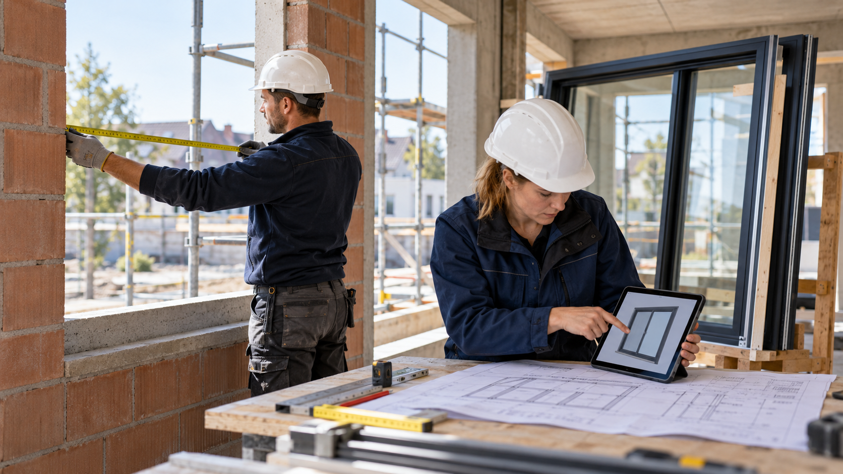 Illustratie bij activiteit 1: vakmensen controleren de kozijnopening, tekening en het digitale bouwmodel ter voorbereiding van de montage.