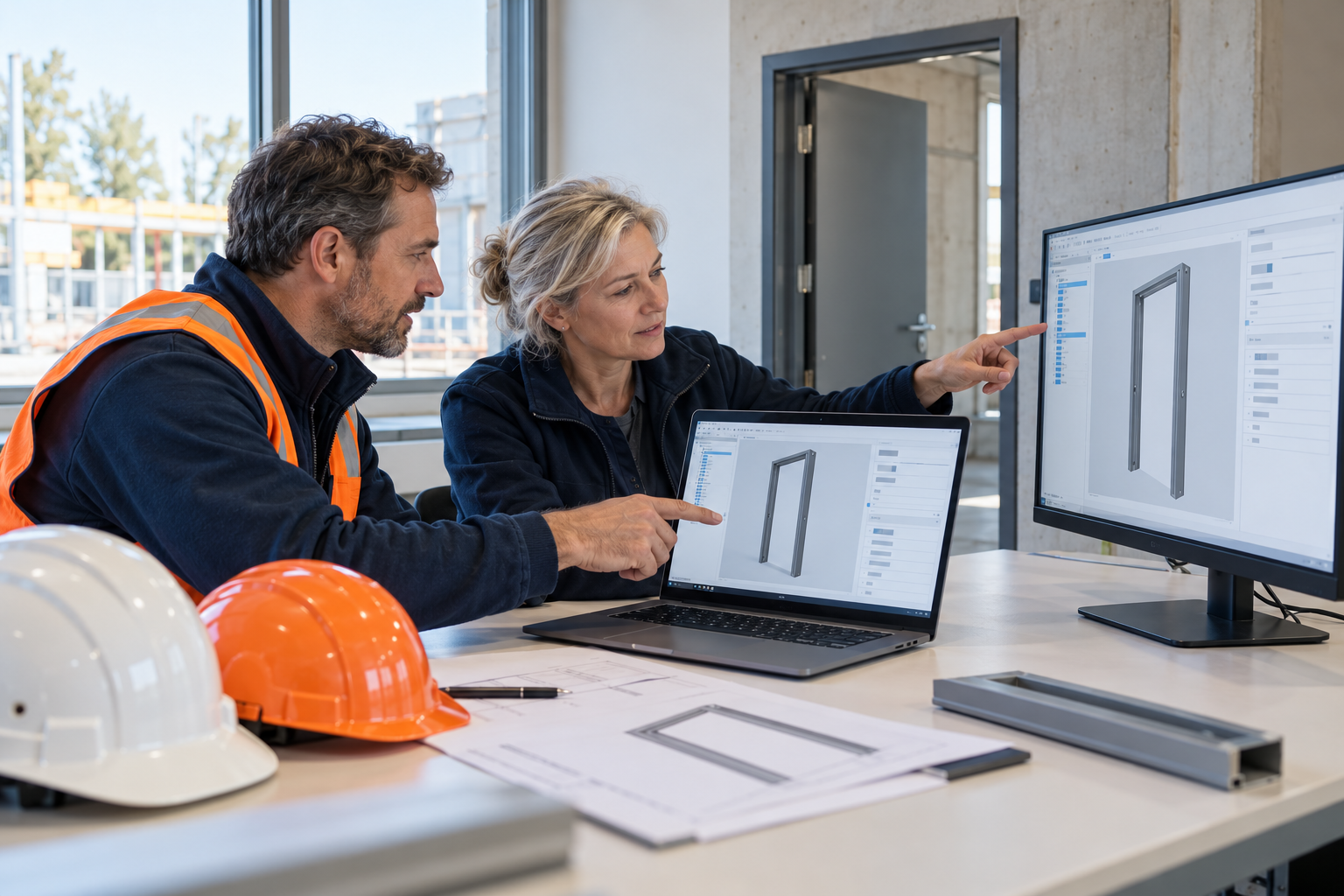 Illustratie bij activiteit 8: twee collega’s vergelijken gegevens over hetzelfde metalen kozijn op een laptop en een tweede scherm.